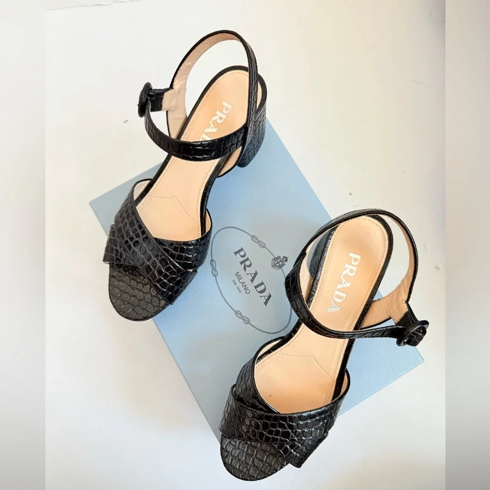 Prada Black Embossed Croc effect leather Quarter strap platform sandals EU 38 - Picture 1 of 9